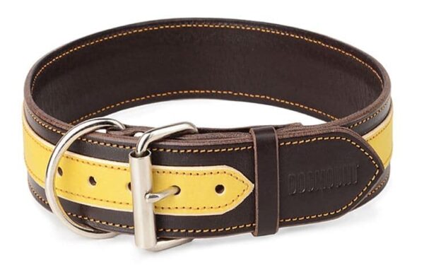 Leather Collar In Dark Brown & Yellow